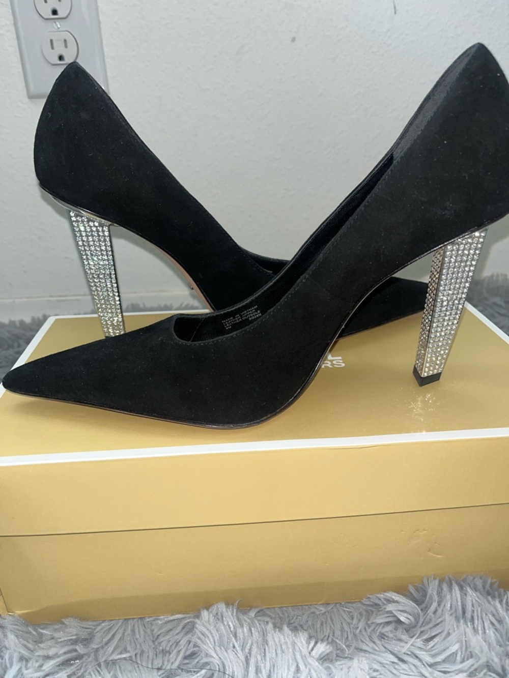 Michael Kors Black Suede Pointed Pumps with Crystal-Encrusted Block Heels